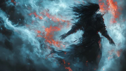 Stormlit shadow warrior strides through swirling fire and mist