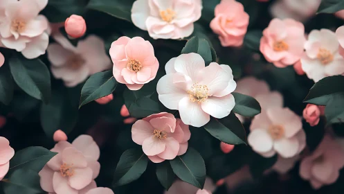 Blooming Camellia Garden in Soft Pink and White Tones.