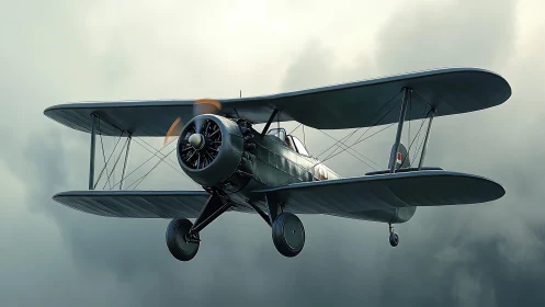 Storm-gray biplane hums through brooding cloud canyons.