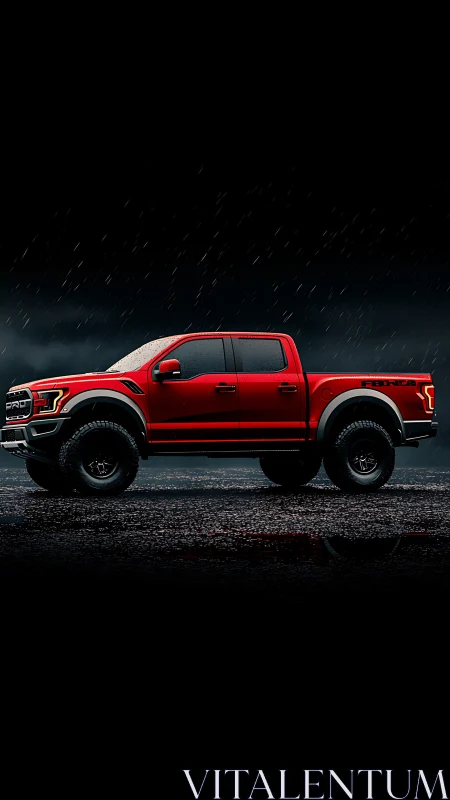 Bold red off road truck stands strong on a rainy night