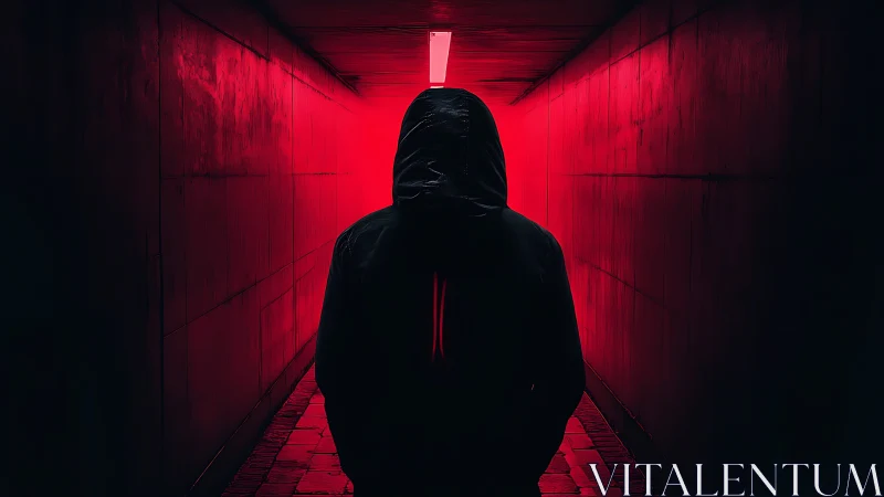 Hooded silhouette in red neon tunnel at night.