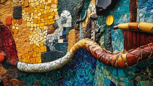 Colorful mosaic wall curving with playful, storybook charm.