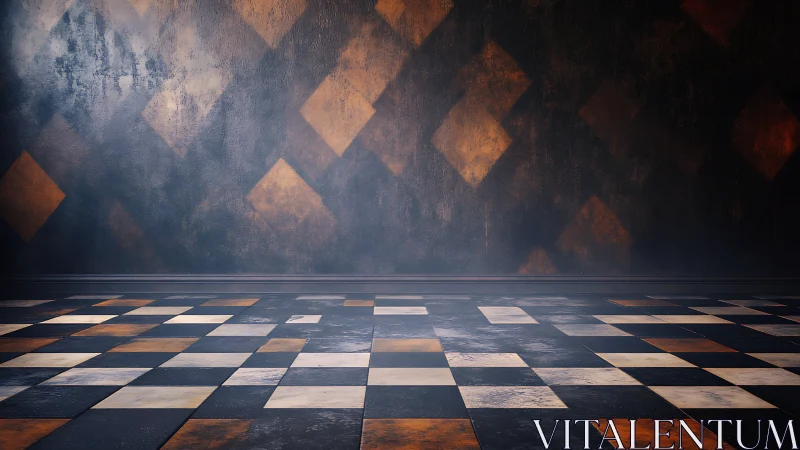 Industrial checkerboard hall with distressed geometric wall