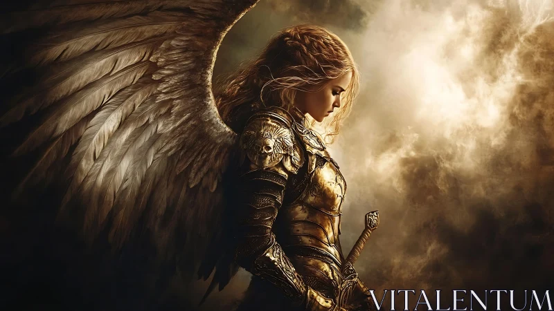 Winged warrior in gilded armor amid stormlit clouds.