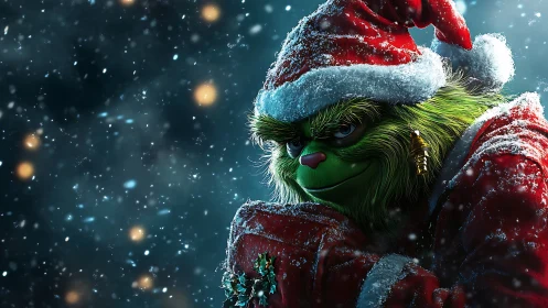 Green furred character in red Santa outfit stands in snowfall