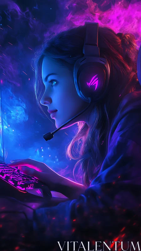 Cyber gamer girl glows in neon blue and magenta haze.