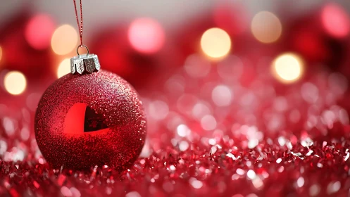 Red ornament rests on tinsel with shallow depth of field