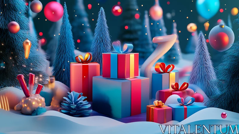 Neon snowglobe forest piled with candy-bright presents.