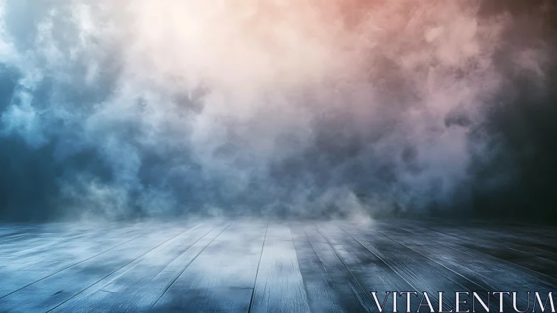 Wooden floor plane under dense fog with gradient light.
