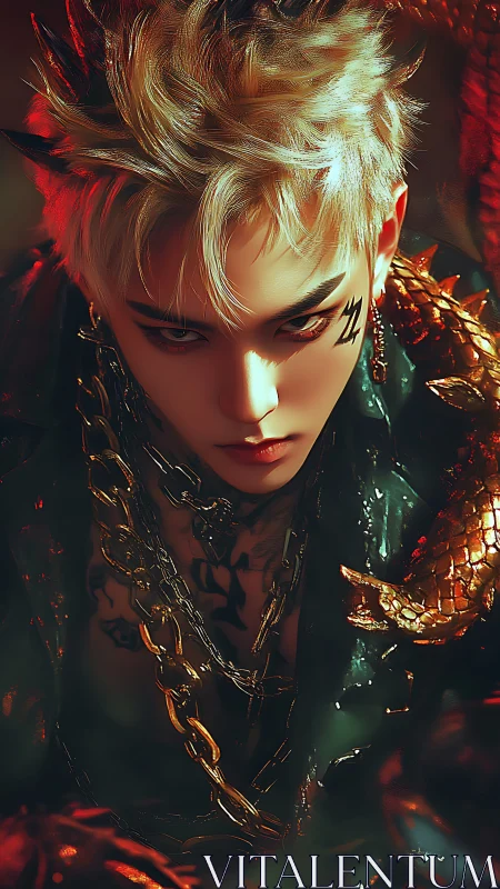 Dragon-marked rebel leans through molten shadows and firelight