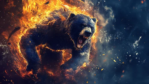 Inferno-charged bear erupts through swirling cosmic flames.