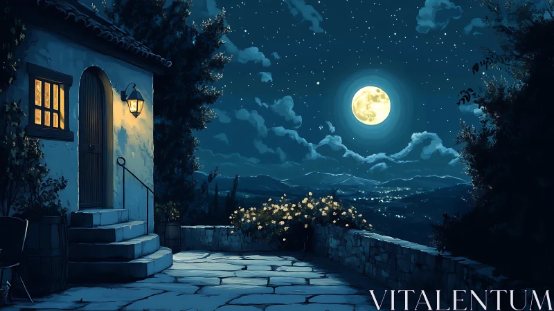Moonlit terrace with small house and distant valley view.