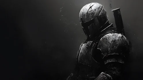 Steel-shadow wanderer brooding in a storm of ash and echoes.