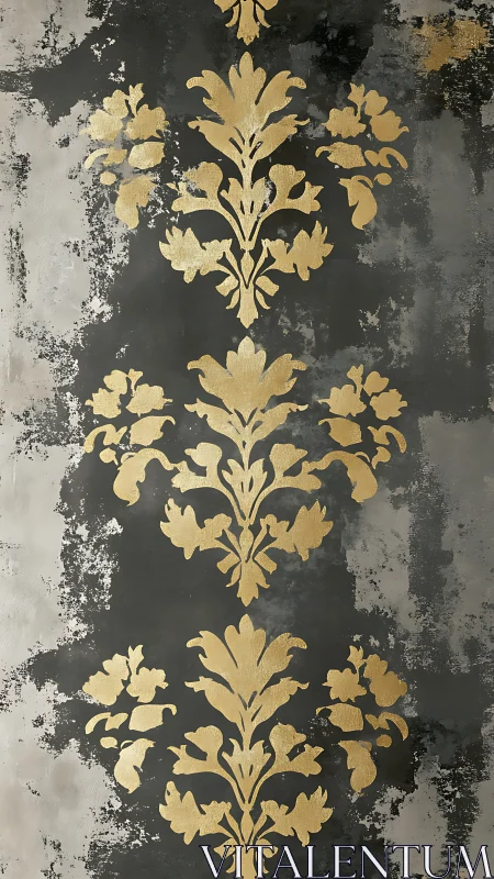Gilded damask blooms glide across weathered charcoal haze