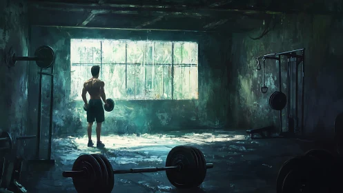 Solitary athlete studies light in an abandoned weight room
