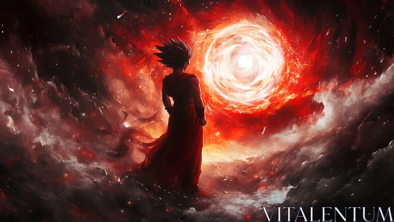 Lone warrior silhouetted before swirling crimson vortex.