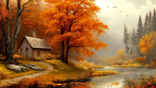 Small riverside cottage sits under dense orange autumn trees