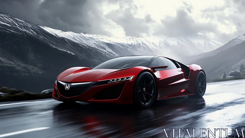 Scarlet supercar hunts horizons on a storm-kissed alpine road.