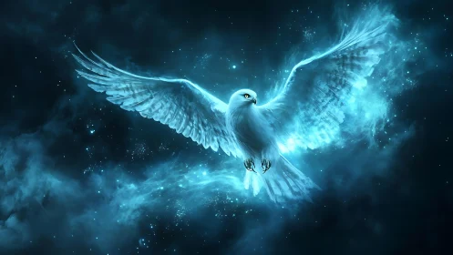 Majestic glowing white hawk soaring in a cosmic night sky, digital art.