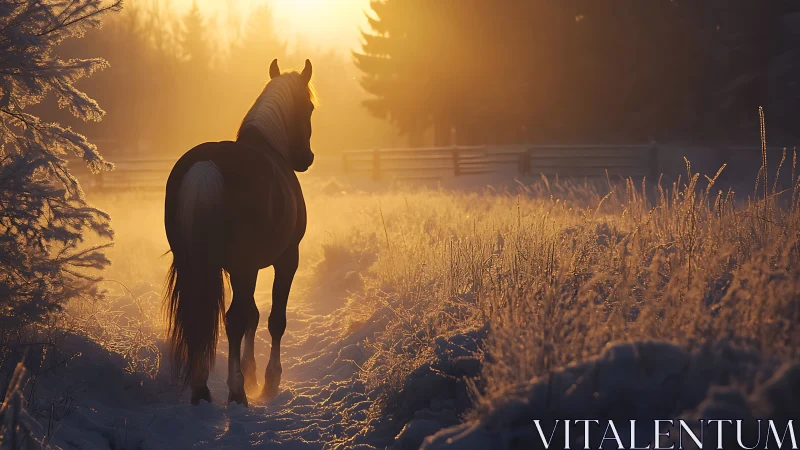 Backlit chestnut horse on frosted winter path at sunrise