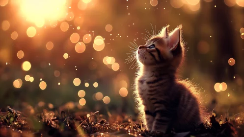 Tabby Kitten Gazing Upward in Golden Bokeh Setting