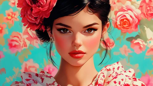 Digital portrait of floral woman against turquoise roses
