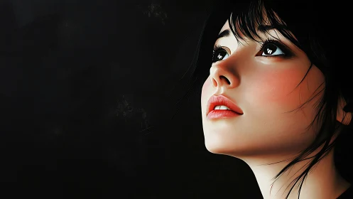 Digital portrait shows young woman looking upward left