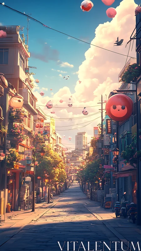 Sunlit urban alley with levitating lantern spheres and clouds.