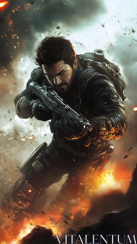 Heavily armed soldier charging through explosive battlefield.