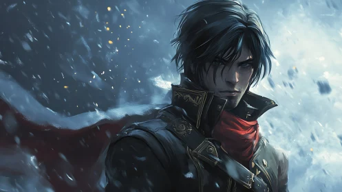 Stormlit rogue with crimson scarf stalking the frozen night.