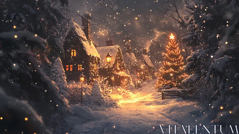 Snowy cottage lane glows softly under warm Christmas lights