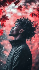 Profile portrait in crimson bokeh forest with drifting particles