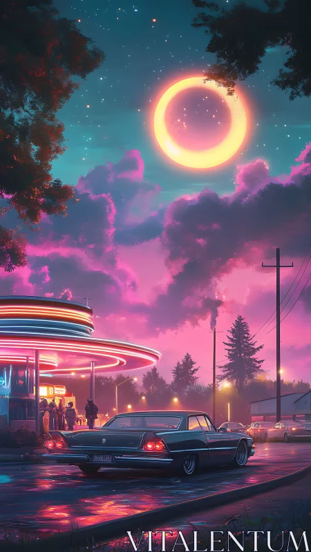 Retro diner parking lot under glowing neon eclipse sky