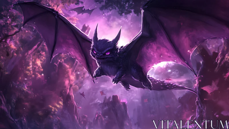 Midnight forest dragon-bat gliding through violet starlight.