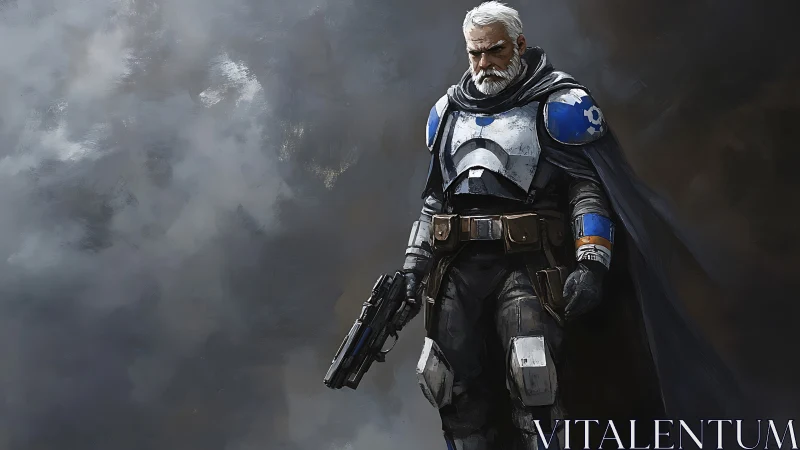 Veteran exosuit sentinel with plasma sidearm in storm haze.