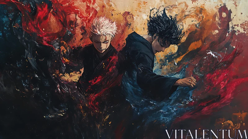 Dual anime warriors divide red and blue energy in dynamic swirl