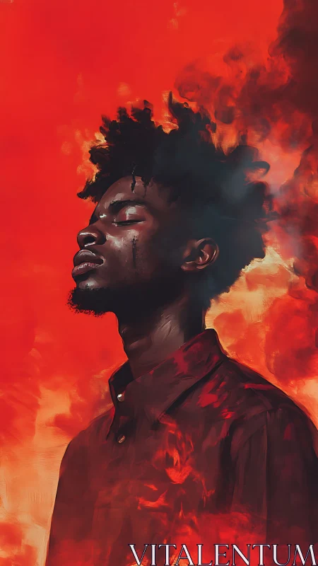 Portrait of a man in burning red haze captures fierce resilience
