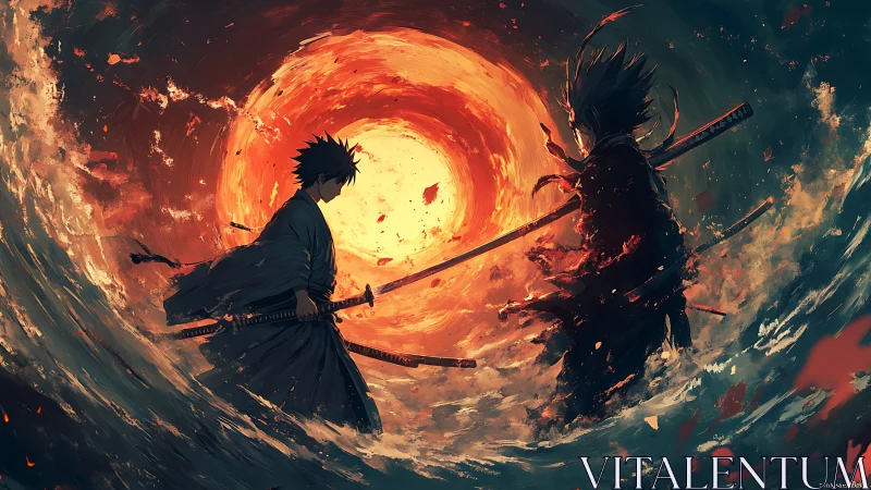 Samurai duel beneath blazing vortex sun in storm.