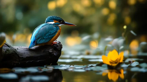 Vibrant kingfisher on log in dreamy pond with soft bokeh effect.