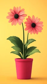 Two Pink Gerbera Daisies in Magenta Pot.
