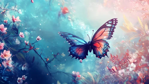Bioluminescent butterfly hovers above ethereal floral habitat