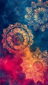 Radiant mandala blossoms glow over cosmic watercolor sky.