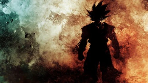 Silhouetted spiky-haired warrior in fiery abstract scene.