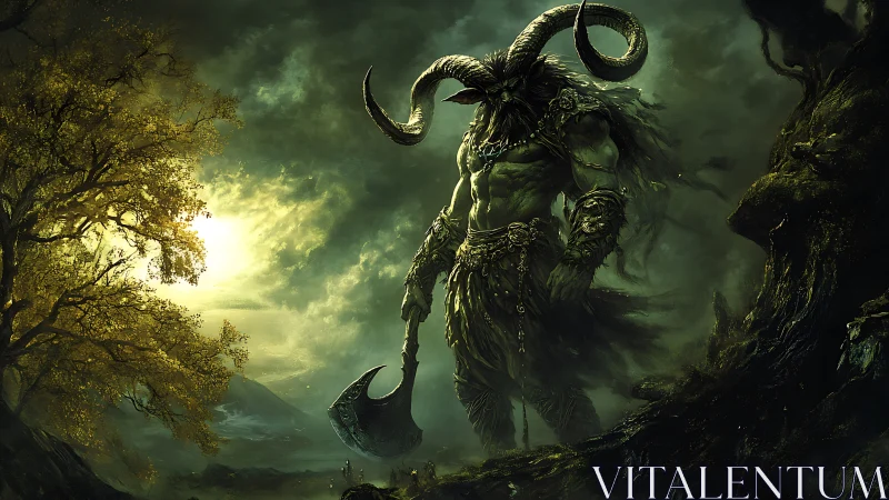 Horned forest warlord looming over misty valley at dusk.