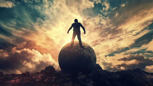 Silhouette stands atop planet under blazing storm sky.