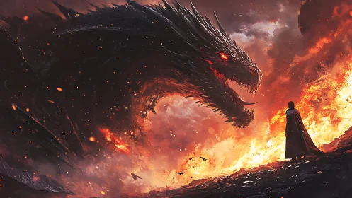 Enormous fire dragon confronts lone cloaked warrior amid inferno