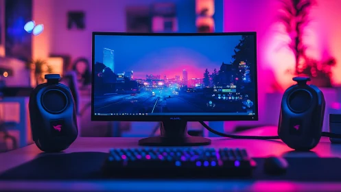 Curved gaming monitor glows in neon lit RGB desktop setup