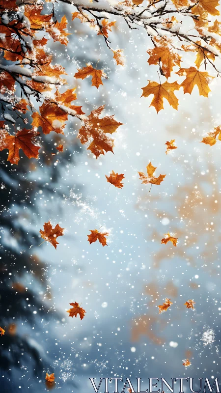 Crisp maple leaves transition through early snowfall with shallow depth