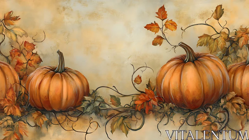 Textured botanical still life of pumpkins with autumnal vines.