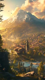 Sunlit alpine village beneath towering snowcapped peak.